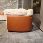 White Plush & Striped Fabric Sofa Set with Leather Panel Craftsmanship, Gold Stainless Steel Button Details & Curved Wooden Frames